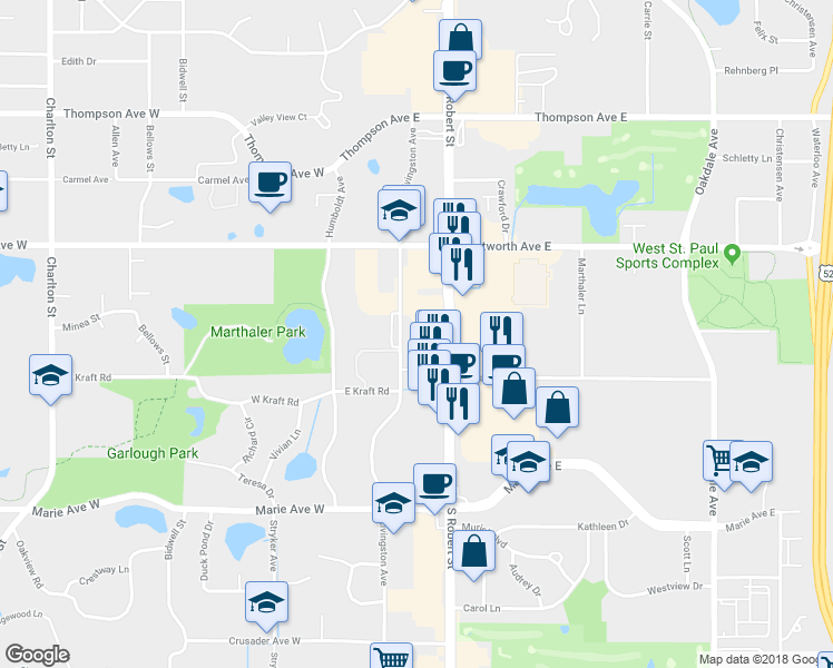 map of restaurants, bars, coffee shops, grocery stores, and more near 1675 South Robert Street in West Saint Paul