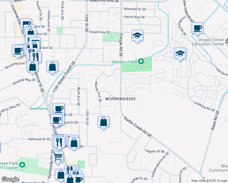 map of restaurants, bars, coffee shops, grocery stores, and more near 4145 Suntree Court Southeast in Salem