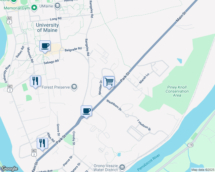 map of restaurants, bars, coffee shops, grocery stores, and more near 148 Park Street in Orono