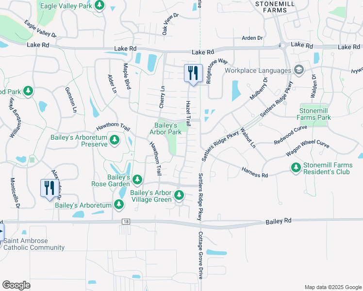 map of restaurants, bars, coffee shops, grocery stores, and more near 10914 Birch Lane in Woodbury