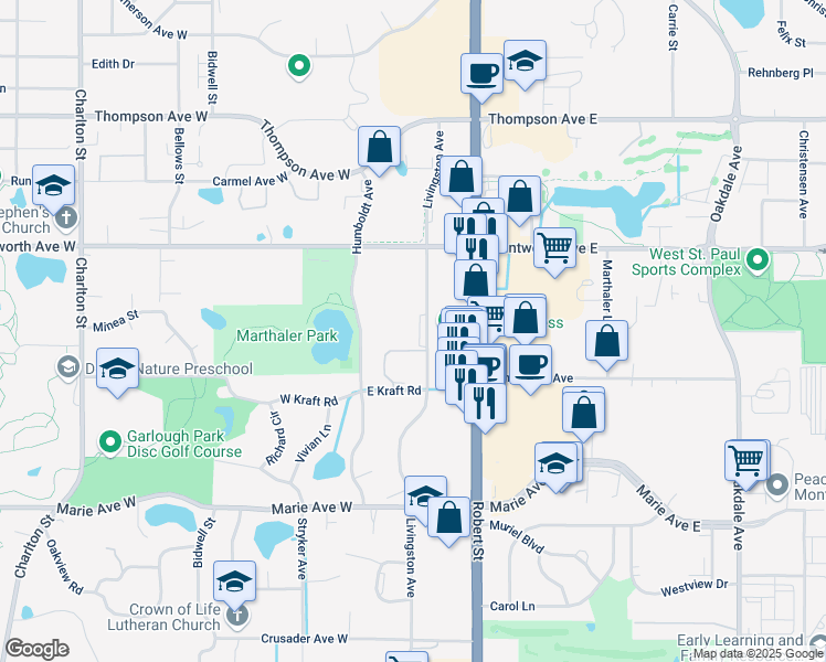 map of restaurants, bars, coffee shops, grocery stores, and more near 1720 Livingston Avenue in West Saint Paul