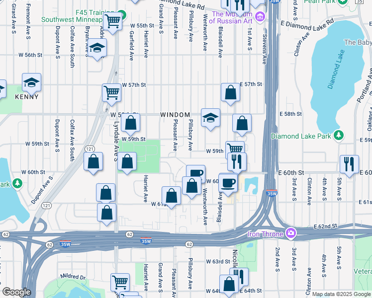 map of restaurants, bars, coffee shops, grocery stores, and more near 5924 Pillsbury Avenue South in Minneapolis