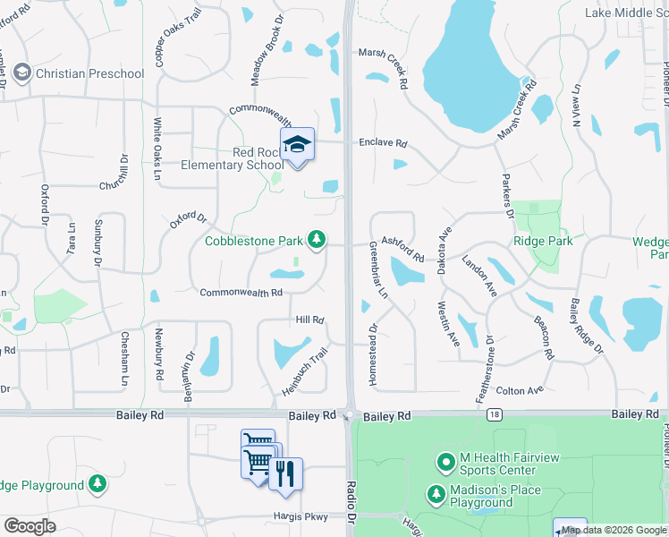 map of restaurants, bars, coffee shops, grocery stores, and more near 3676 Commonwealth Draw in Woodbury