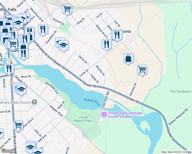 map of restaurants, bars, coffee shops, grocery stores, and more near 20 Philip Street in Smiths Falls
