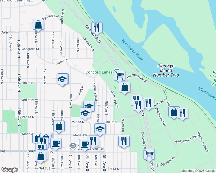 map of restaurants, bars, coffee shops, grocery stores, and more near 350 5th Avenue South in South Saint Paul