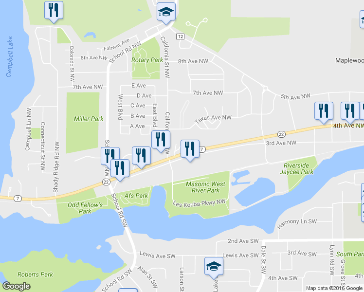 map of restaurants, bars, coffee shops, grocery stores, and more near 1020 Texas Avenue Northwest in Hutchinson
