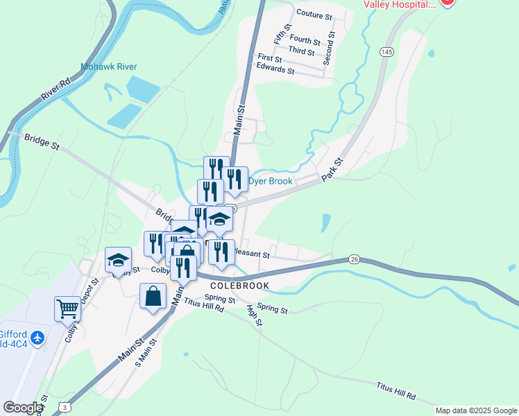 map of restaurants, bars, coffee shops, grocery stores, and more near 33 Park Street in Colebrook