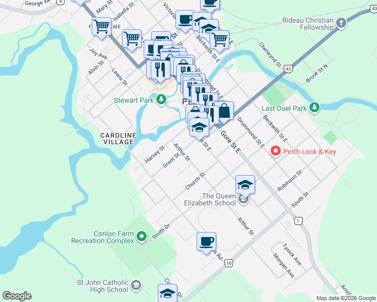 map of restaurants, bars, coffee shops, grocery stores, and more near in Perth