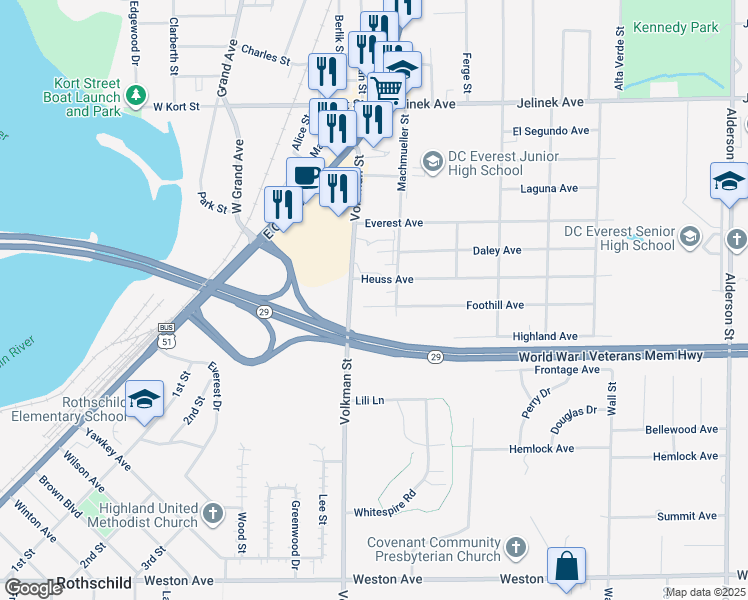 map of restaurants, bars, coffee shops, grocery stores, and more near 1309 Heuss Avenue in Schofield