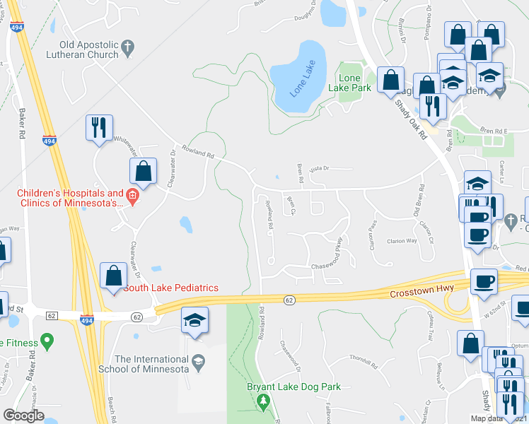 map of restaurants, bars, coffee shops, grocery stores, and more near 5920 Bren Circle in Hopkins
