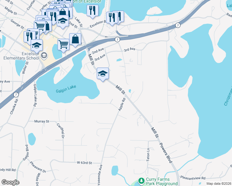 map of restaurants, bars, coffee shops, grocery stores, and more near 5940 Mill Street in Shorewood