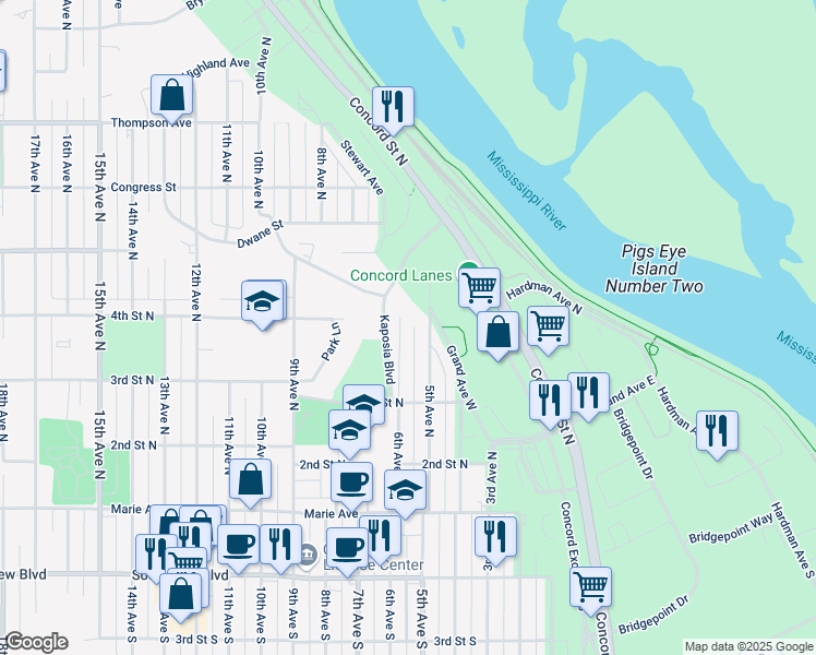 map of restaurants, bars, coffee shops, grocery stores, and more near 395 5th Avenue North in South Saint Paul