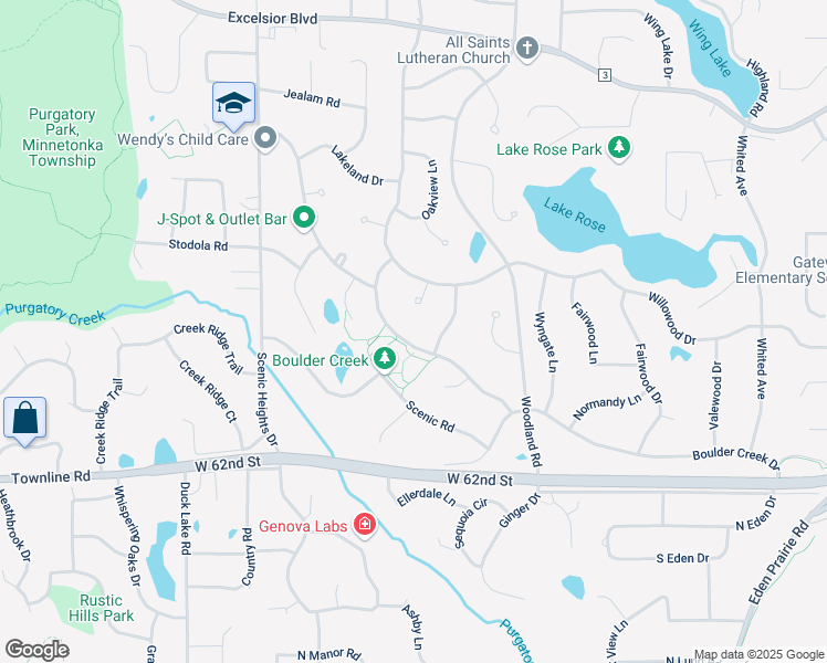 map of restaurants, bars, coffee shops, grocery stores, and more near 5906 Holiday Way in Minnetonka