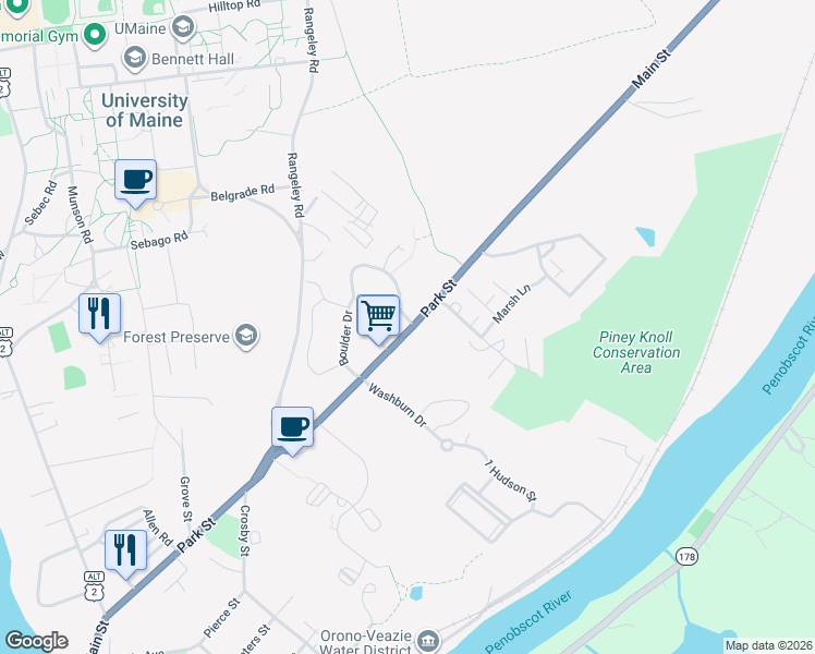map of restaurants, bars, coffee shops, grocery stores, and more near 154 Park Street in Orono