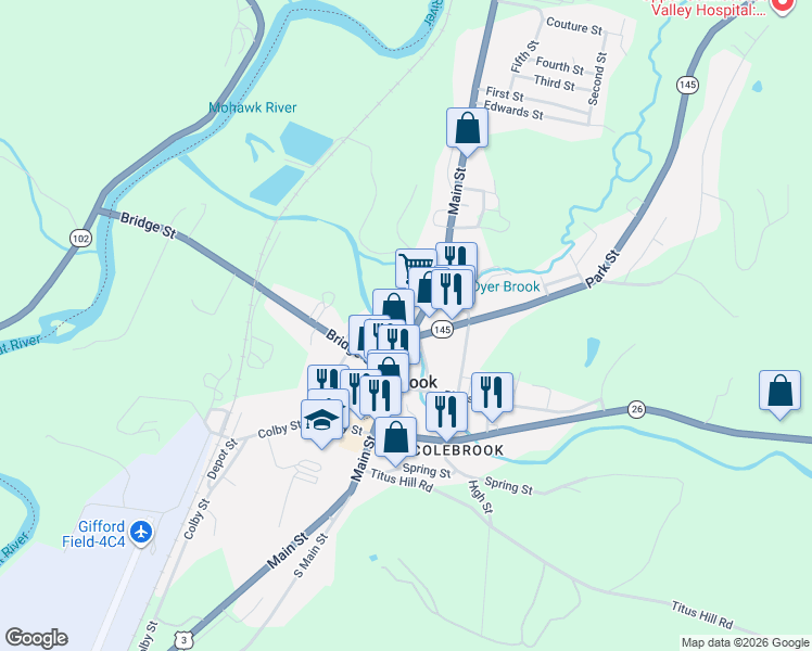 map of restaurants, bars, coffee shops, grocery stores, and more near 147 Main Street in Colebrook