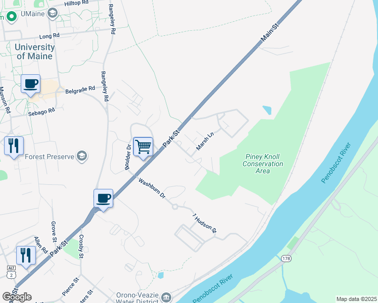 map of restaurants, bars, coffee shops, grocery stores, and more near 1 Colburn Drive in Orono