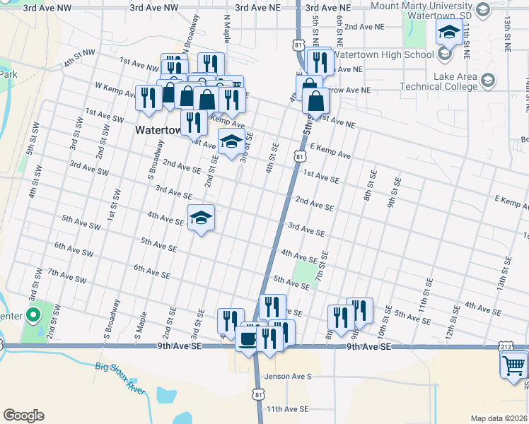 map of restaurants, bars, coffee shops, grocery stores, and more near 418 2nd Avenue Southeast in Watertown
