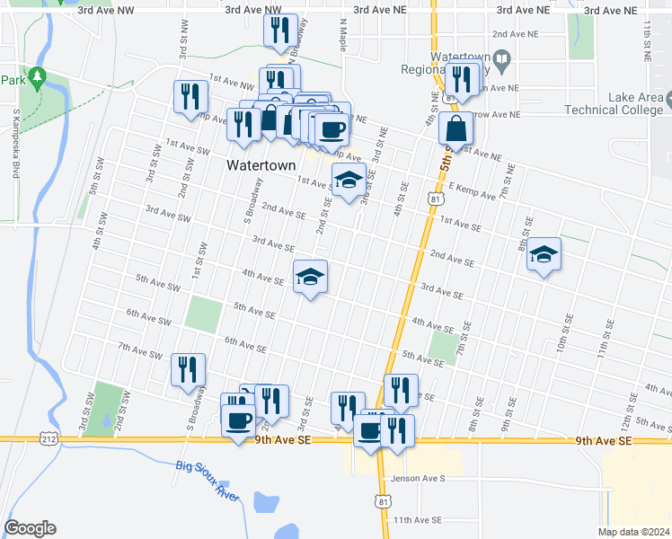 map of restaurants, bars, coffee shops, grocery stores, and more near in Watertown