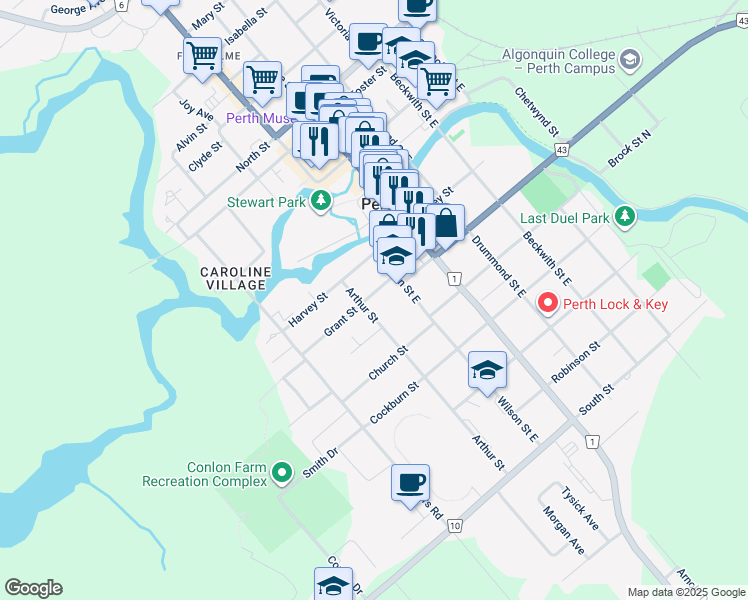 map of restaurants, bars, coffee shops, grocery stores, and more near 8 Grant Street in Perth