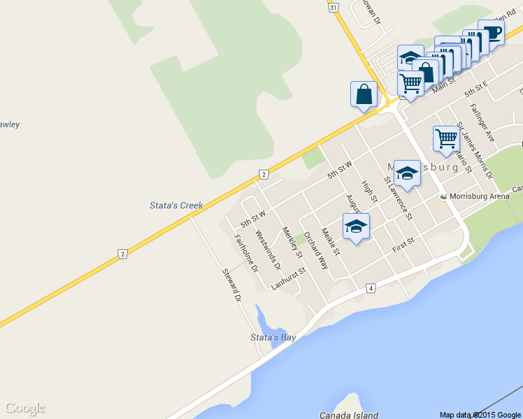 map of restaurants, bars, coffee shops, grocery stores, and more near 102 Carraway Crescent in Morrisburg