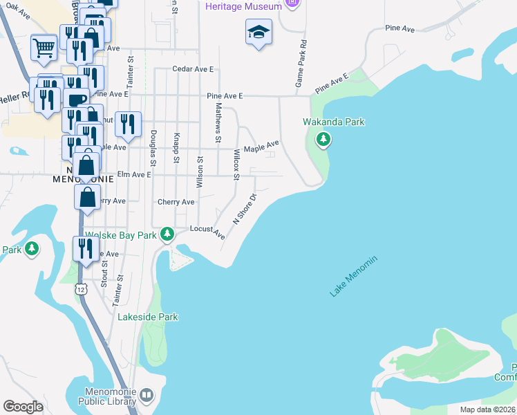 map of restaurants, bars, coffee shops, grocery stores, and more near 1213 North Shore Drive in Menomonie