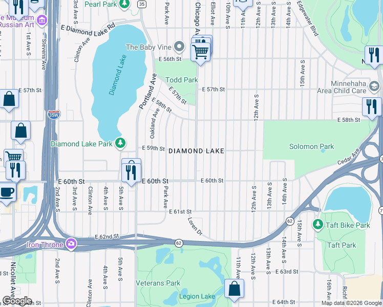 map of restaurants, bars, coffee shops, grocery stores, and more near in Minneapolis