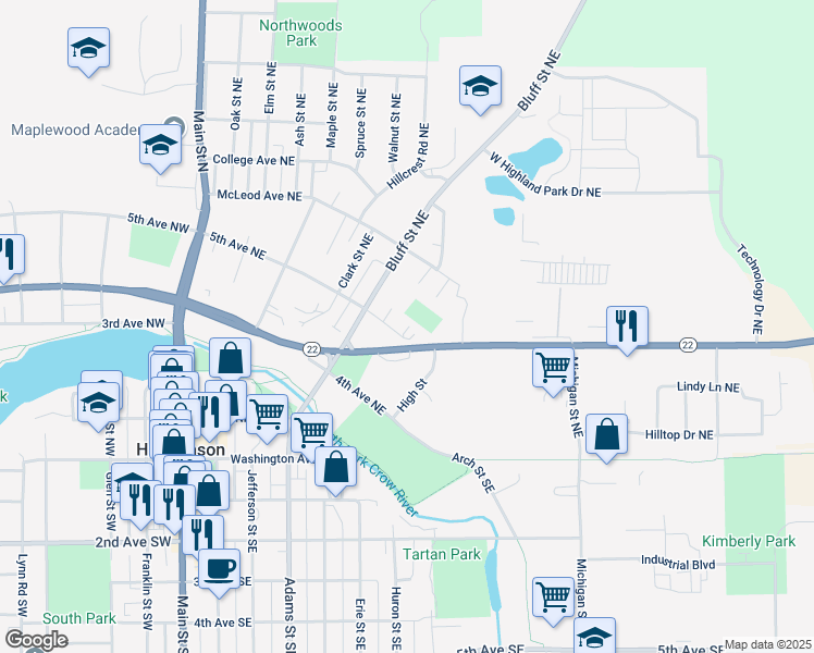 map of restaurants, bars, coffee shops, grocery stores, and more near 237 5th Avenue Northeast in Hutchinson