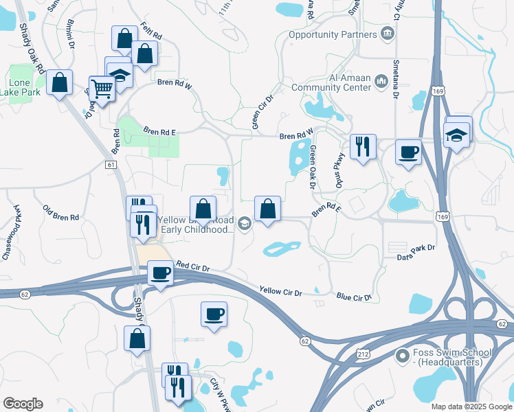 map of restaurants, bars, coffee shops, grocery stores, and more near 10400 Bren Road East in Minnetonka