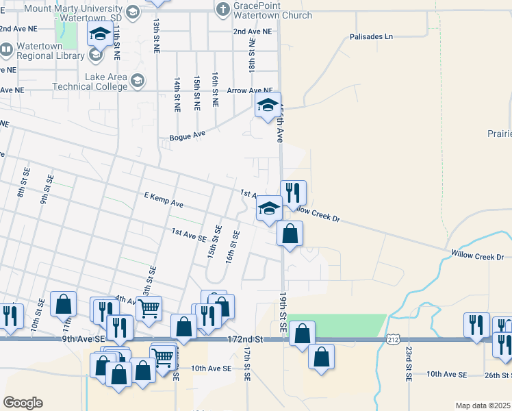 map of restaurants, bars, coffee shops, grocery stores, and more near 1601-1899 1st Avenue Northeast in Watertown