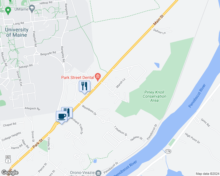 map of restaurants, bars, coffee shops, grocery stores, and more near 1 Colburn Drive in Orono