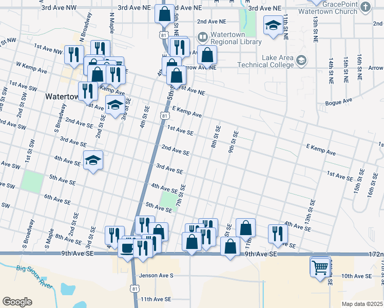 map of restaurants, bars, coffee shops, grocery stores, and more near 199 7th Street Southeast in Watertown