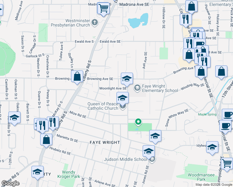 map of restaurants, bars, coffee shops, grocery stores, and more near 360 Moonlight Avenue Southeast in Salem