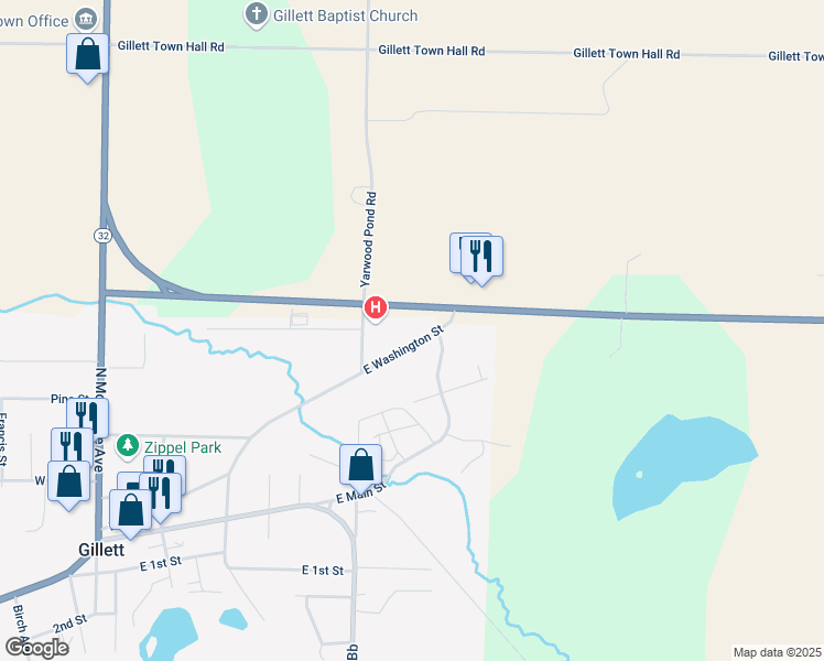 map of restaurants, bars, coffee shops, grocery stores, and more near 545 East Washington Street in Gillett