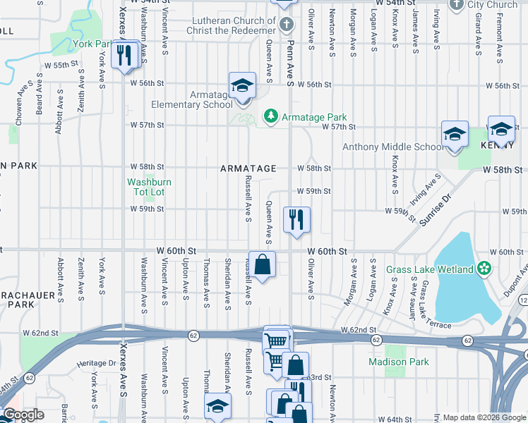 map of restaurants, bars, coffee shops, grocery stores, and more near 5840 Queen Avenue South in Minneapolis