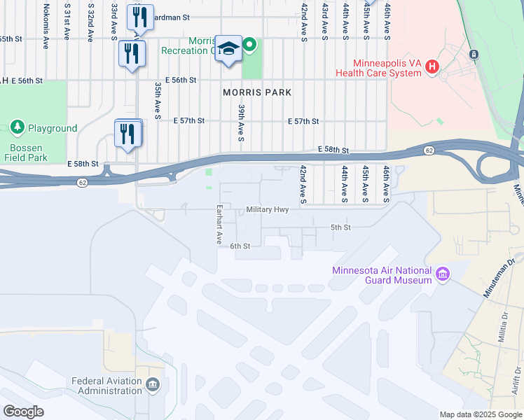 map of restaurants, bars, coffee shops, grocery stores, and more near 760 Military Highway in Minneapolis