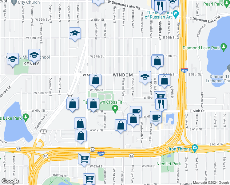 map of restaurants, bars, coffee shops, grocery stores, and more near 5844 Grand Avenue South in Minneapolis
