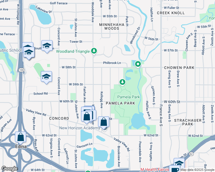 map of restaurants, bars, coffee shops, grocery stores, and more near 5845 Kellogg Avenue in Edina
