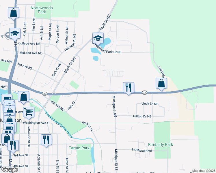 map of restaurants, bars, coffee shops, grocery stores, and more near 534 East Highland Park Drive Northeast in Hutchinson
