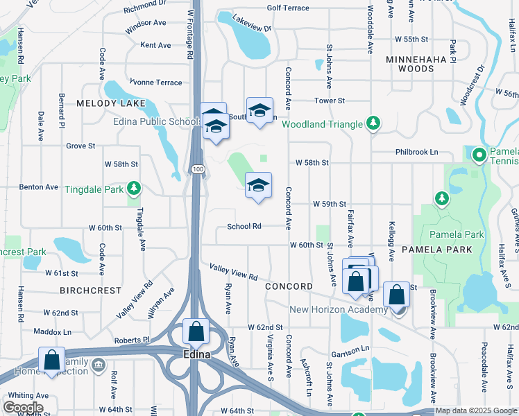 map of restaurants, bars, coffee shops, grocery stores, and more near 5900 Concord Avenue in Edina