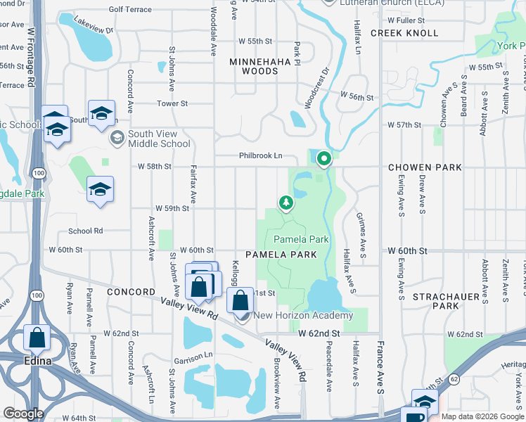 map of restaurants, bars, coffee shops, grocery stores, and more near 5844 Brookview Avenue in Minneapolis