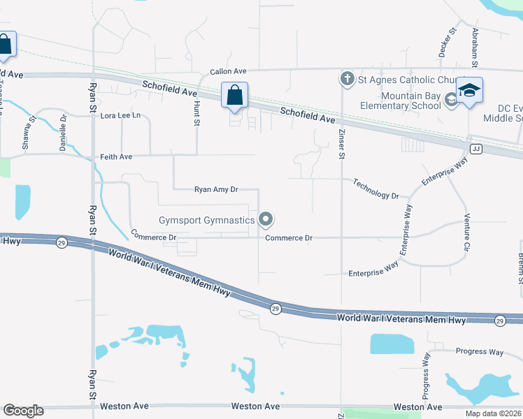map of restaurants, bars, coffee shops, grocery stores, and more near 6705 Rickyval St in Schofield