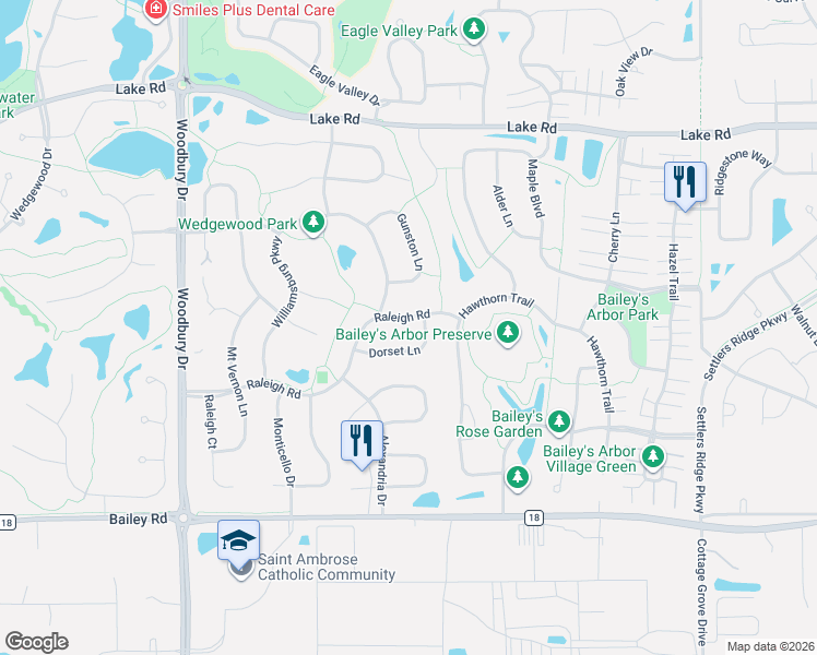 map of restaurants, bars, coffee shops, grocery stores, and more near 10440 Raleigh Road in Woodbury