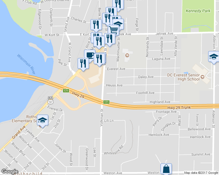 map of restaurants, bars, coffee shops, grocery stores, and more near 1309 Heuss Avenue in Schofield