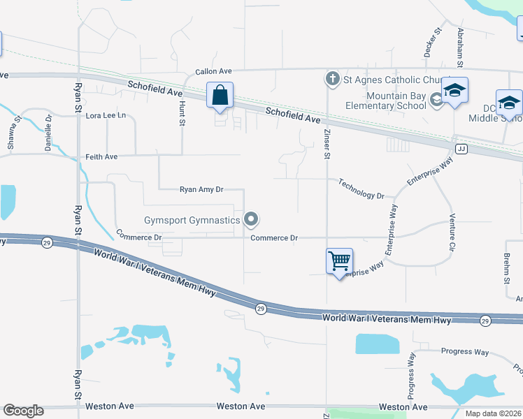 map of restaurants, bars, coffee shops, grocery stores, and more near 6705 Rickyval Street in Schofield