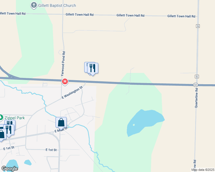map of restaurants, bars, coffee shops, grocery stores, and more near 10550 State Highway 22 East in Gillett