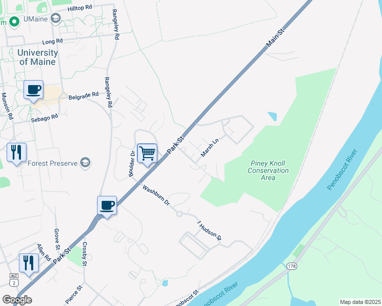 map of restaurants, bars, coffee shops, grocery stores, and more near 3 Colburn Drive in Orono