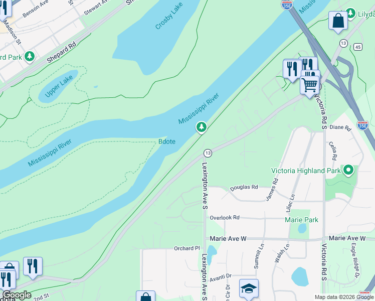 map of restaurants, bars, coffee shops, grocery stores, and more near 1121 Sibley Memorial Highway in Saint Paul