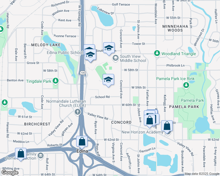 map of restaurants, bars, coffee shops, grocery stores, and more near 5900 Concord Avenue in Edina