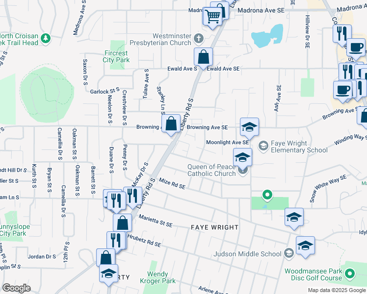 map of restaurants, bars, coffee shops, grocery stores, and more near 4050 Liberty Road South in Salem