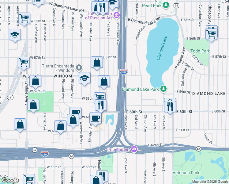map of restaurants, bars, coffee shops, grocery stores, and more near 123 East 59th Street in Minneapolis